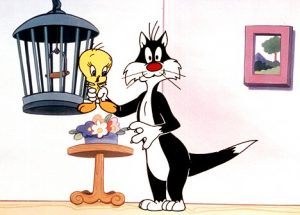 A photo of a cartoon cat and bird